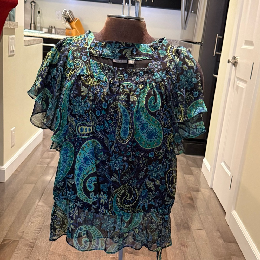 Apt 9 Paisley Blouse Women's Top, Large, Butterfly Sleeve, Square Neck, Lined
